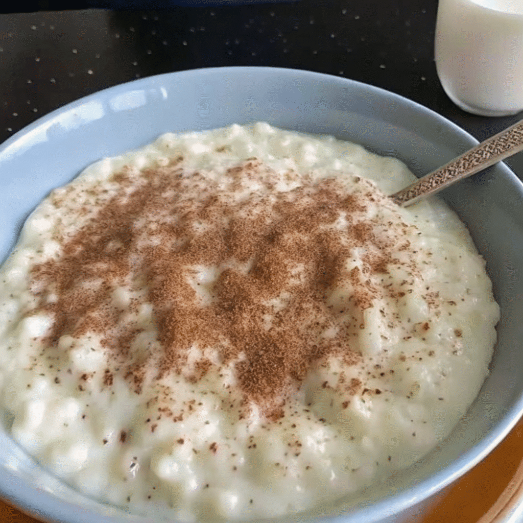 A bowl of creamy homemade rice pudding with golden raisins, garnished with a sprinkle of cinnamon on top