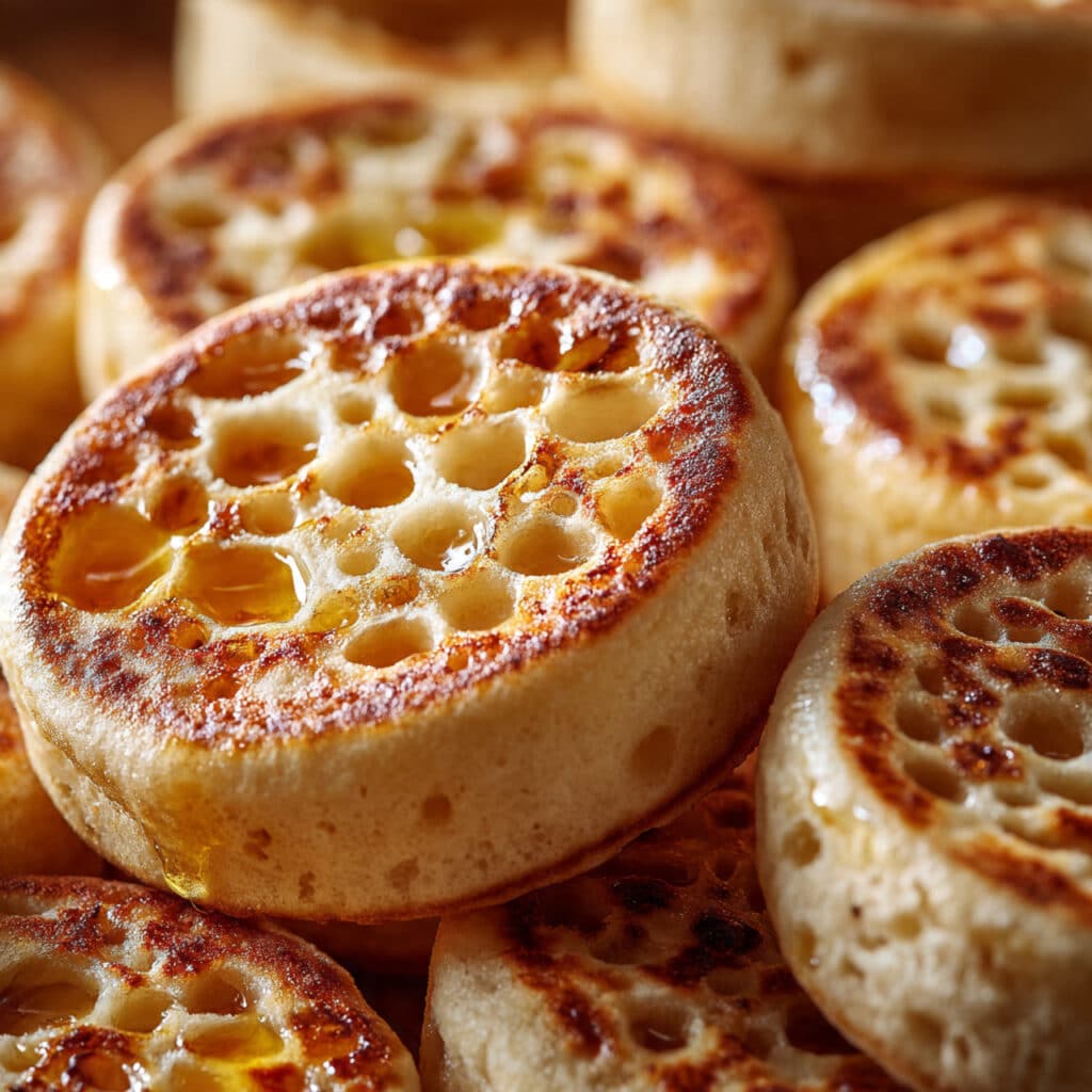 Golden homemade crumpets with characteristic holes on top, stacked on a white plate with butter melting into the honeycomb texture