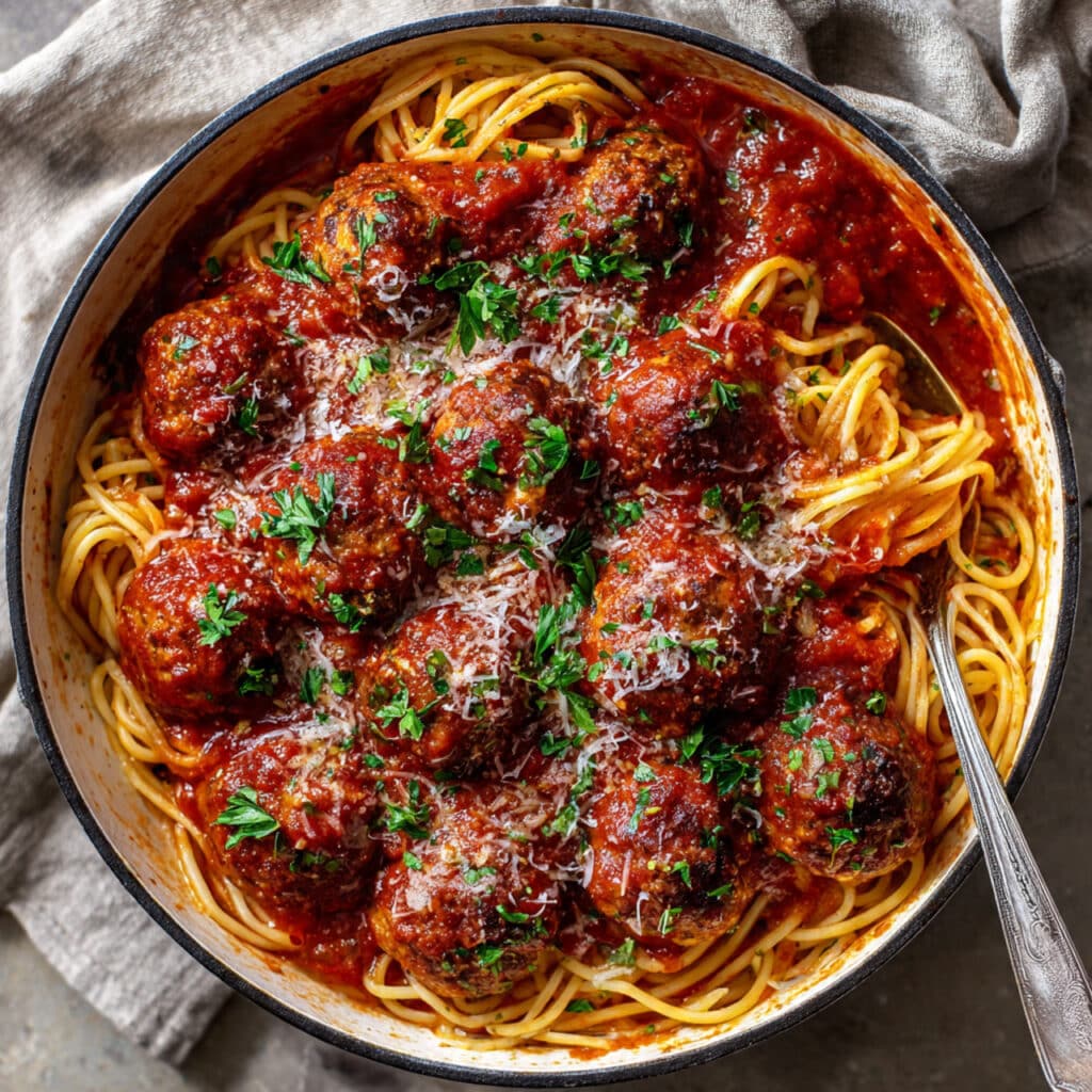 Tender Italian meatballs simmered in rich tomato sauce served over spaghetti with fresh parmesan and parsley