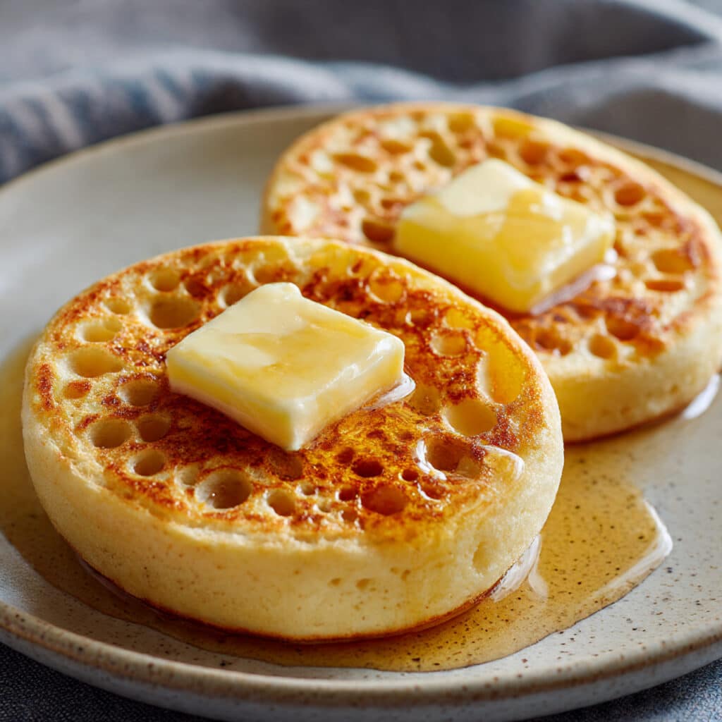 Golden homemade crumpets with characteristic holes on top, stacked on a white plate with butter melting into the honeycomb texture