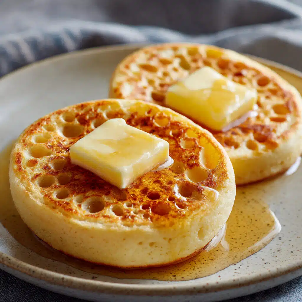 Golden homemade crumpets with characteristic holes on top, stacked on a white plate with butter melting into the honeycomb texture