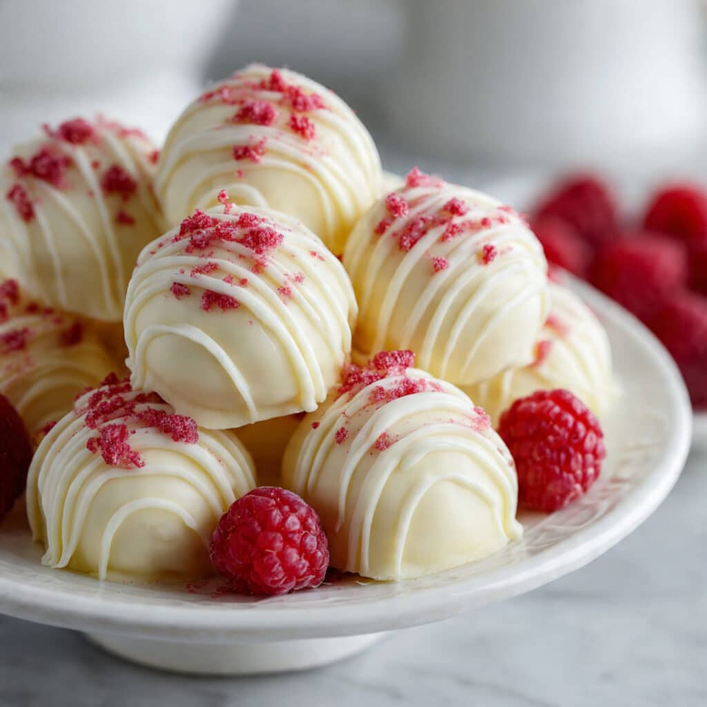 Pink white chocolate raspberry truffles coated in powdered sugar arranged on white surface