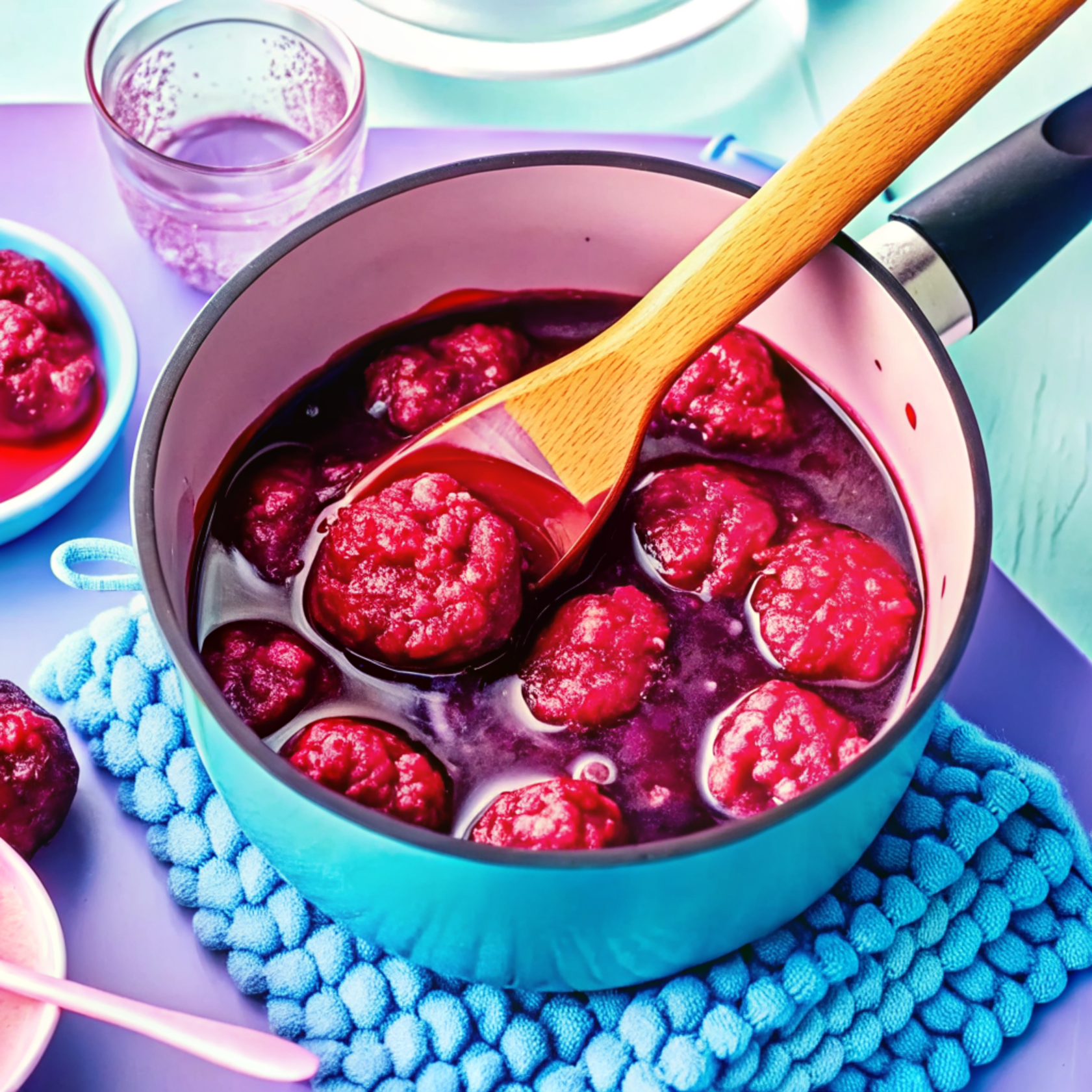 Bowl of old-fashioned blackberry dumplings with vanilla ice cream melting into purple blackberry syrup