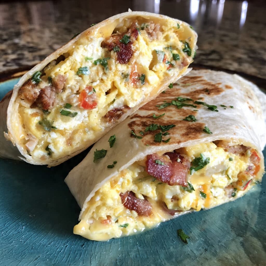 Golden toasted breakfast tortilla wrap cut in half showing fluffy scrambled eggs, melted cheese, crispy bacon, and fresh vegetables inside a flour tortilla