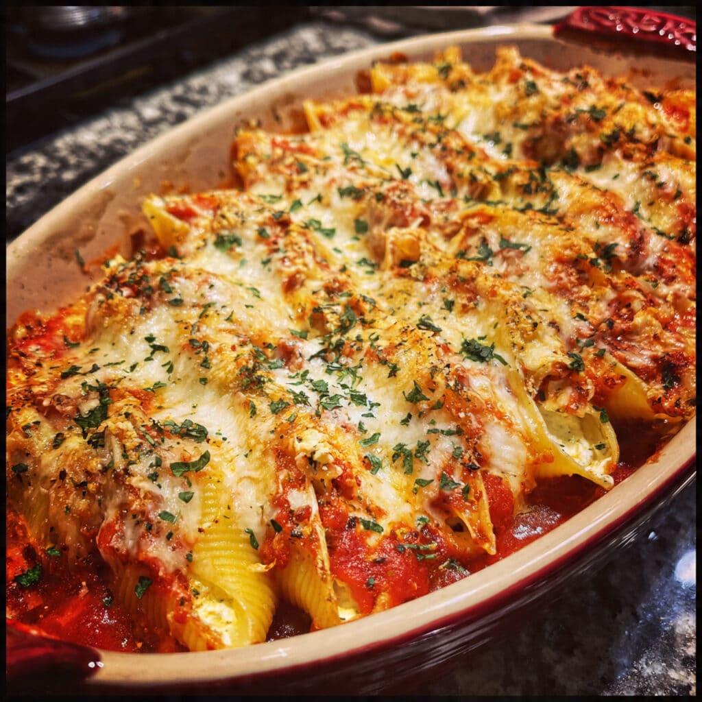Golden, bubbly stuffed shells fresh from the oven – comfort food at its finest!