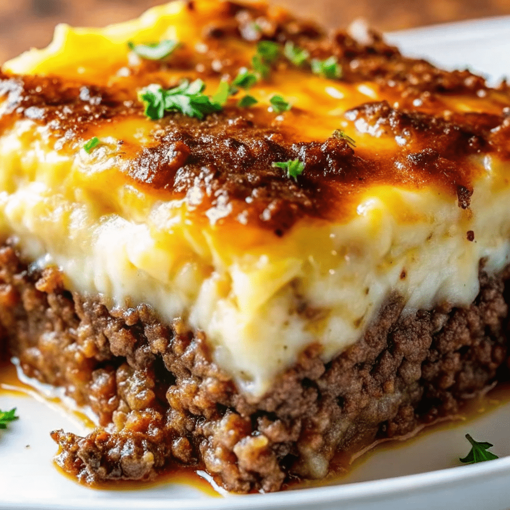 Meatloaf with Mashed Potatoes and Cheese  served alongside creamy mashed potatoes on a white plate