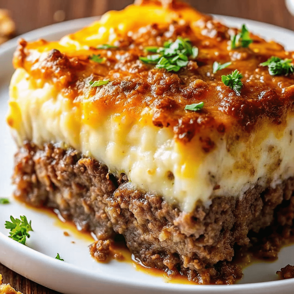 Meatloaf with Mashed Potatoes and Cheese  served alongside creamy mashed potatoes on a white plate
