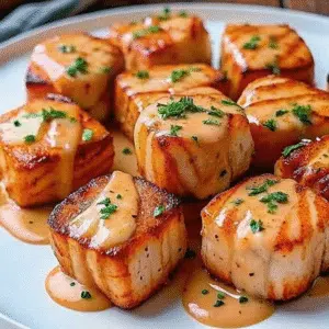 Golden crispy Bang Bang Salmon Bites coated in creamy sweet and spicy sauce, garnished with green onions and sesame seeds on a white plate
