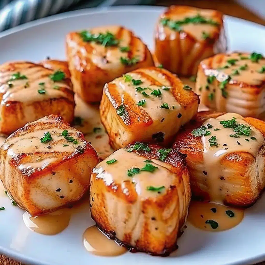 Bang Bang Salmon Bites 6 Golden crispy Bang Bang Salmon Bites coated in creamy sweet and spicy sauce, garnished with green onions and sesame seeds on a white plate