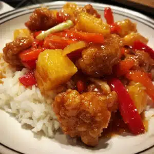 olden crispy sweet and sour chicken with red and yellow bell peppers and pineapple chunks in a glossy tangy-sweet sauce, served over white rice