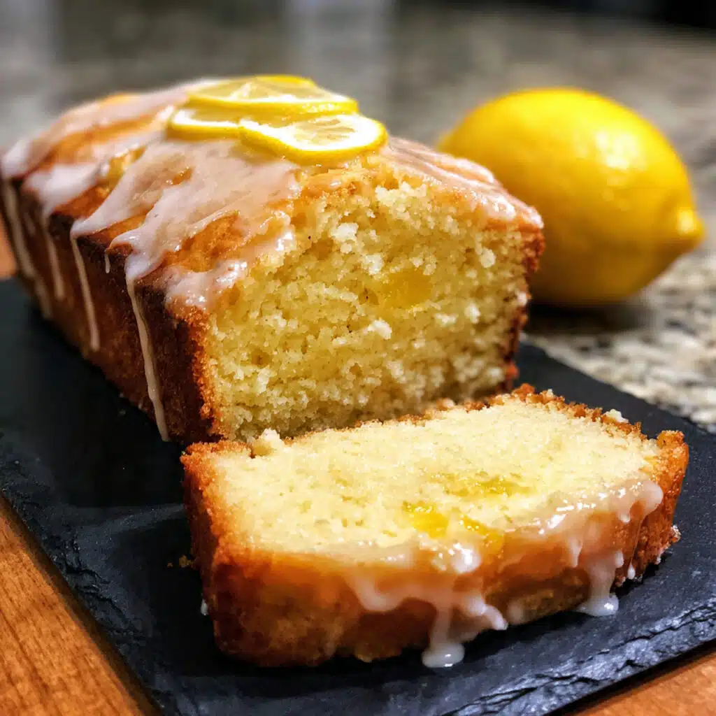 A golden-brown lemon loaf bread with white glaze drizzled on top and lemon zest garnish, sliced to show moist, tender yellow crumb