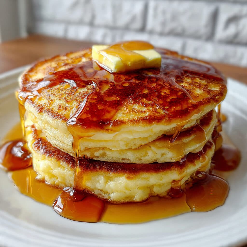 buttermilk pancakes on a white plate, topped with a pat of melting butter and drizzled with maple syrup, with fresh berries on the side