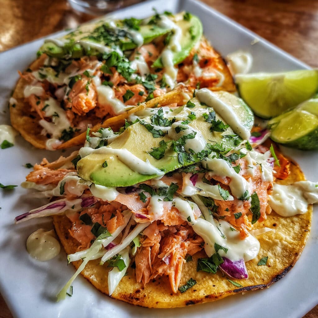 Baked salmon tacos topped with fresh cabbage slaw, avocado slices, and lime wedges on a white plate