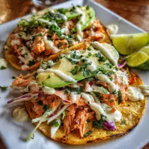 Baked salmon tacos topped with fresh cabbage slaw, avocado slices, and lime wedges on a white plate