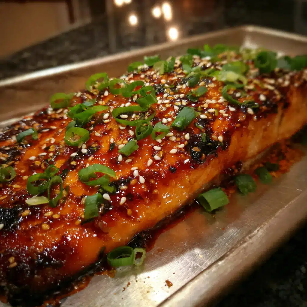 Golden brown miso glazed salmon fillet with caramelized edges, garnished with sesame seeds and green onions on a white plate
