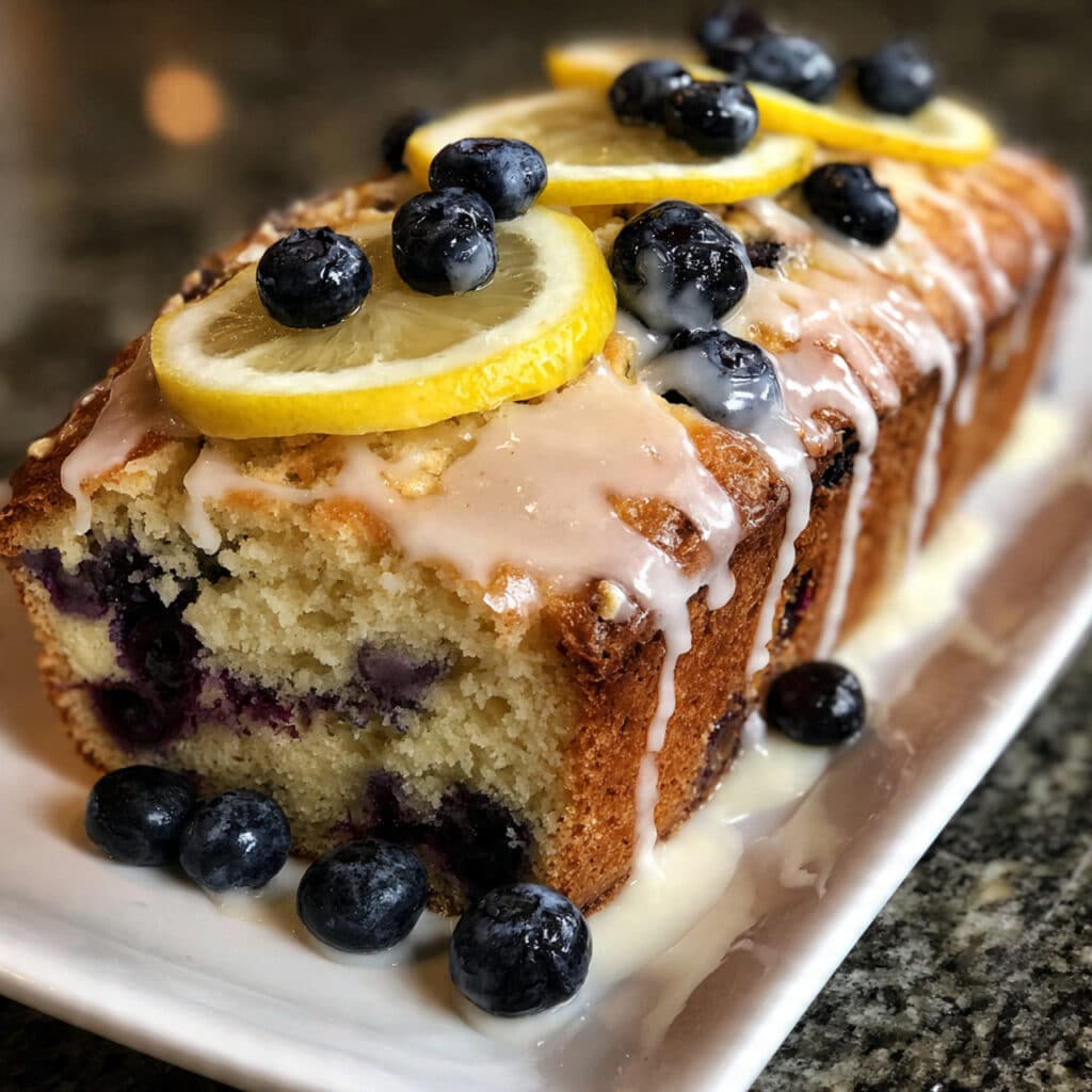 A slice of moist lemon blueberry bread with visible blueberries throughout and a sweet lemon glaze drizzled on top, served on a white plate
