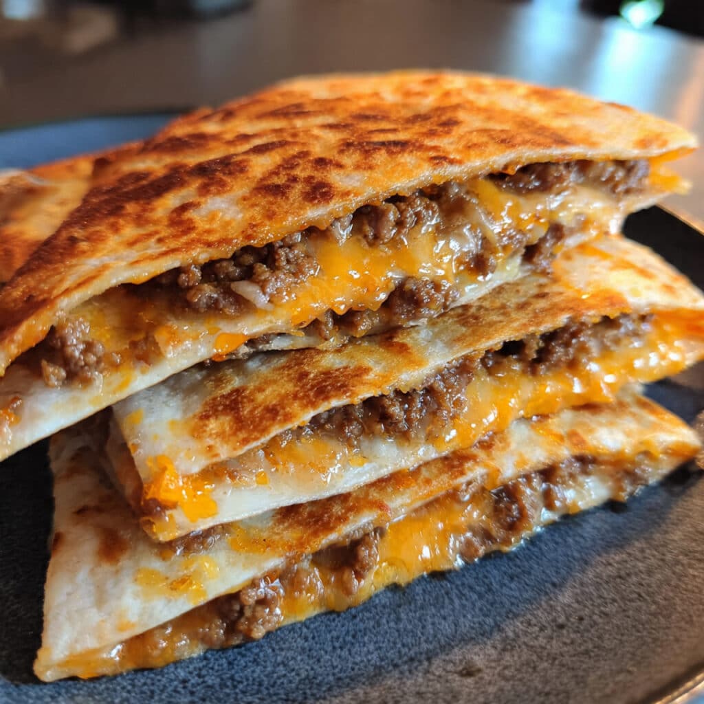 Golden, crispy ground beef quesadillas cut into wedges on a white plate, showing melted cheese and seasoned beef filling, served with sour cream, salsa, and guacamole on the side.