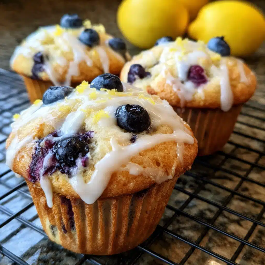 Golden-brown blueberry muffins with white lemon glaze drizzled on top, studded with juicy blueberries, displayed on a white cooling rack