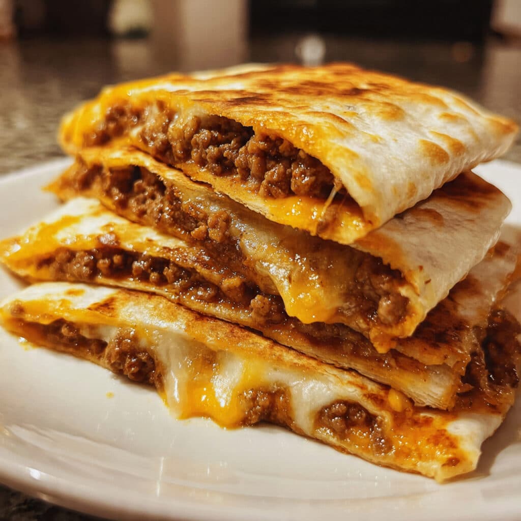 Golden, crispy ground beef quesadillas cut into wedges on a white plate, showing melted cheese and seasoned beef filling, served with sour cream, salsa, and guacamole on the side.