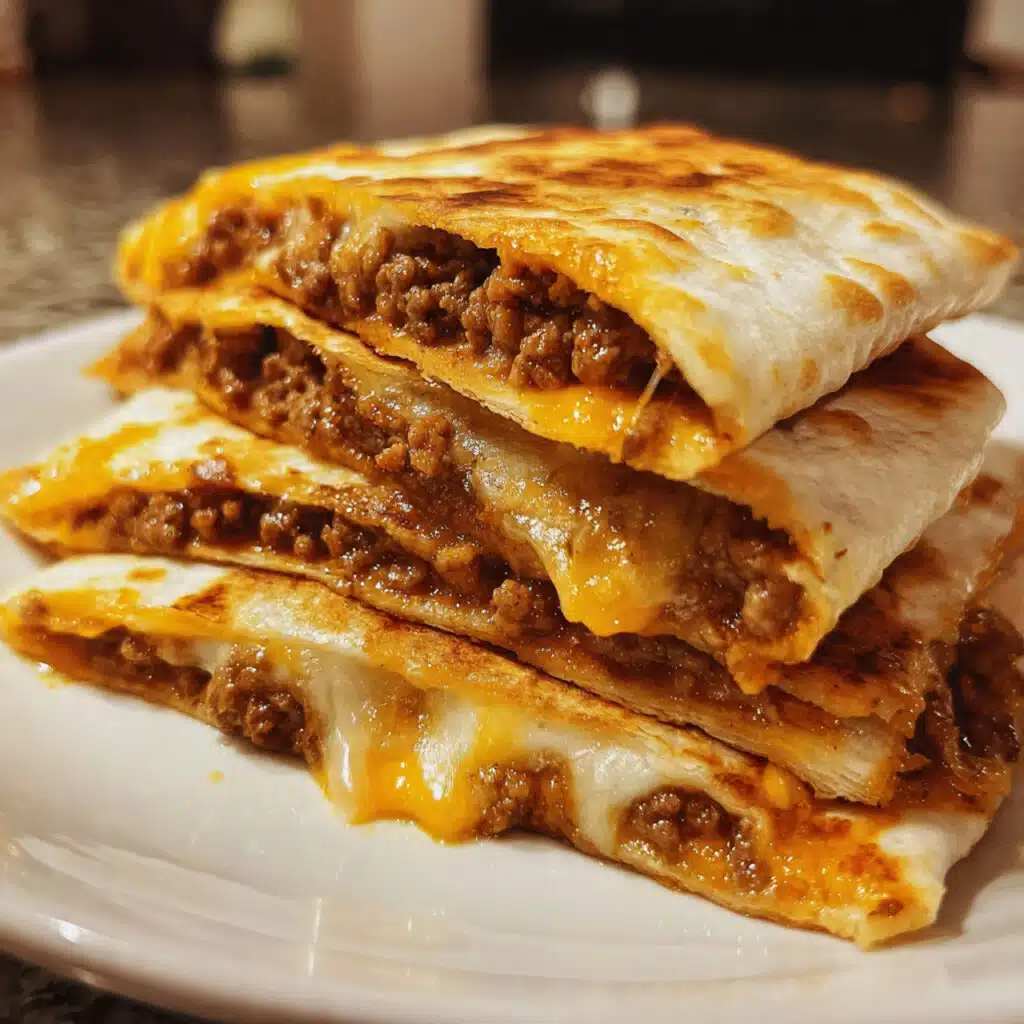 Golden, crispy ground beef quesadillas cut into wedges on a white plate, showing melted cheese and seasoned beef filling, served with sour cream, salsa, and guacamole on the side.