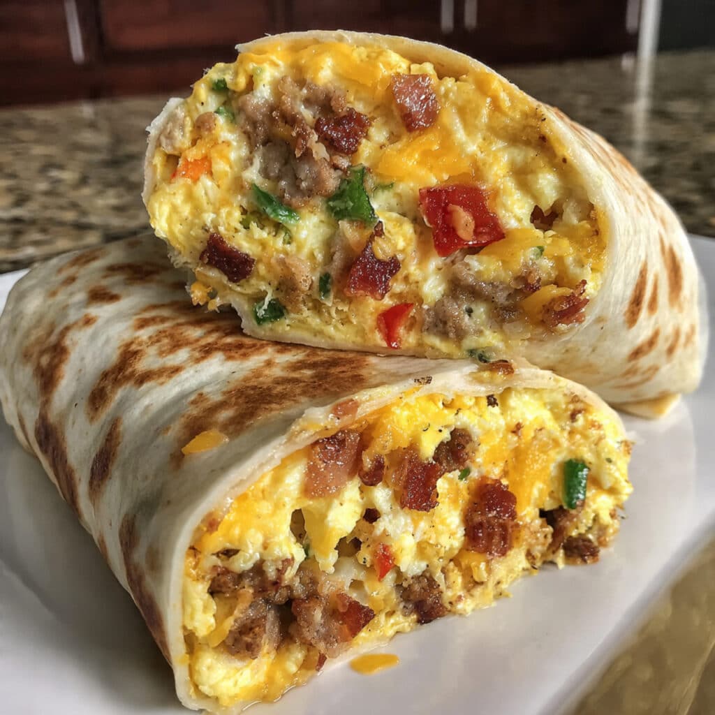 Golden toasted breakfast tortilla wrap cut in half showing fluffy scrambled eggs, melted cheese, crispy bacon, and fresh vegetables inside a flour tortilla