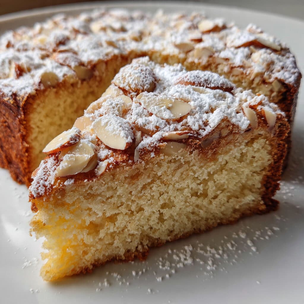 slice of golden almond cake on a white plate with powdered sugar dusting and sliced almonds on top