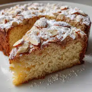 slice of golden almond cake on a white plate with powdered sugar dusting and sliced almonds on top