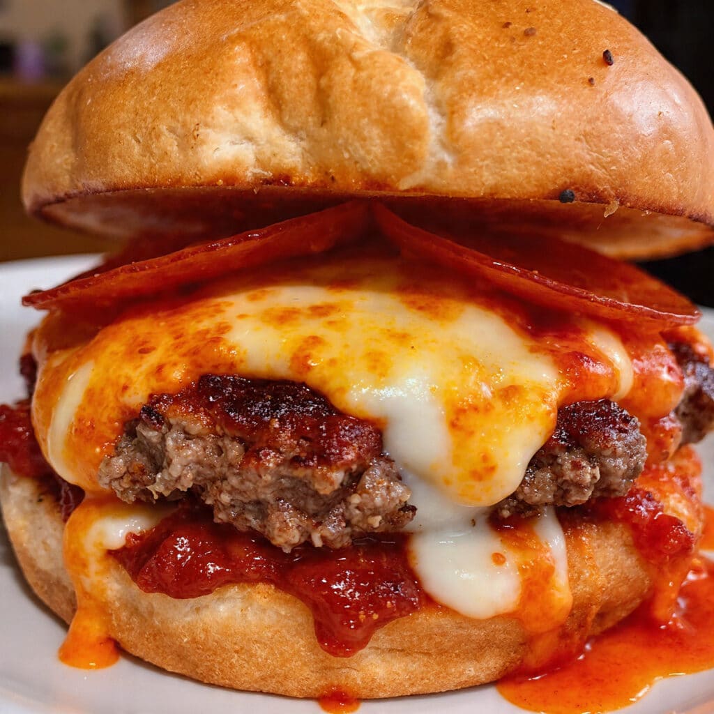 Juicy pizza burger on a toasted bun topped with melted mozzarella cheese, pepperoni slices, and pizza sauce