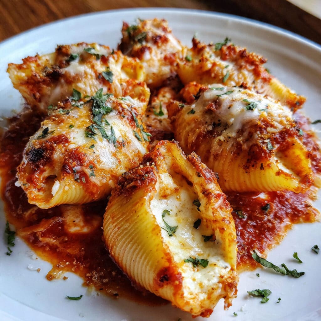 Golden, bubbly stuffed shells fresh from the oven – comfort food at its finest!