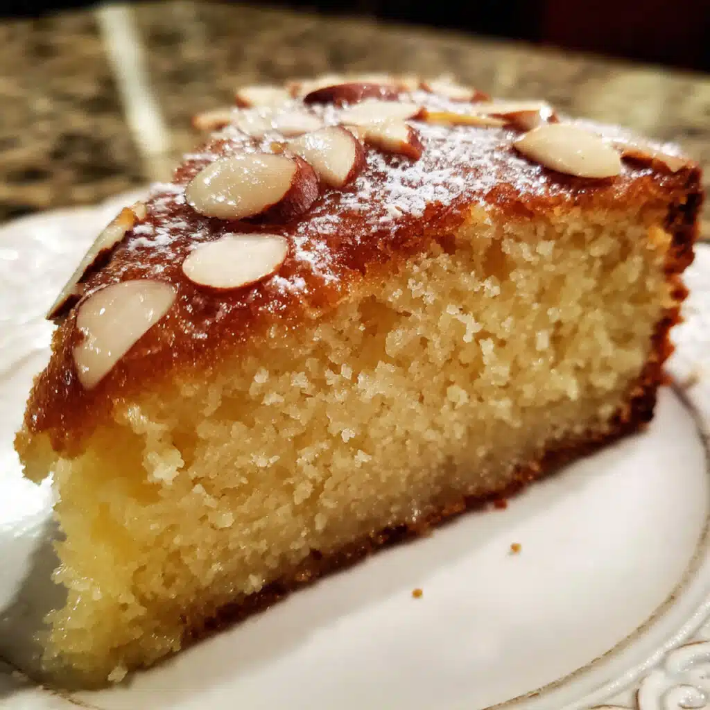 slice of golden almond cake on a white plate with powdered sugar dusting and sliced almonds on top