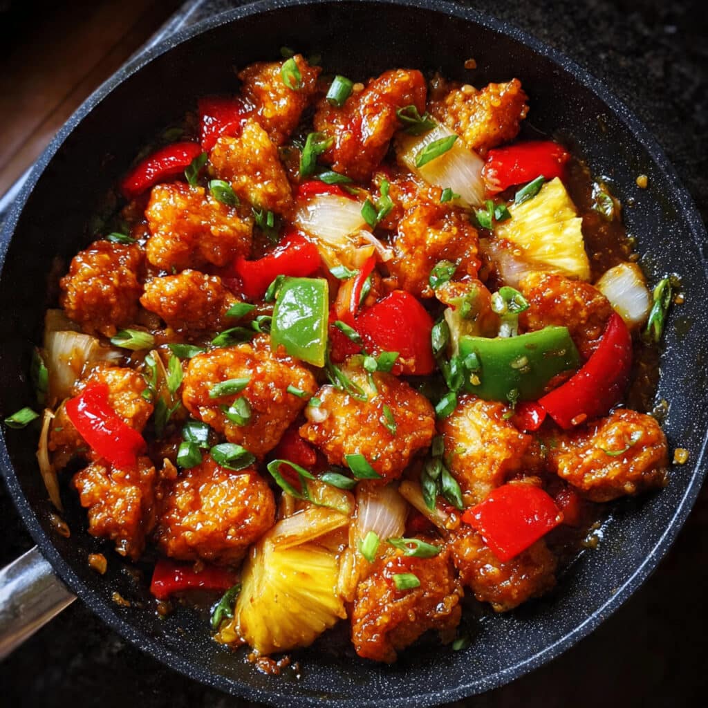 olden crispy sweet and sour chicken with red and yellow bell peppers and pineapple chunks in a glossy tangy-sweet sauce, served over white rice