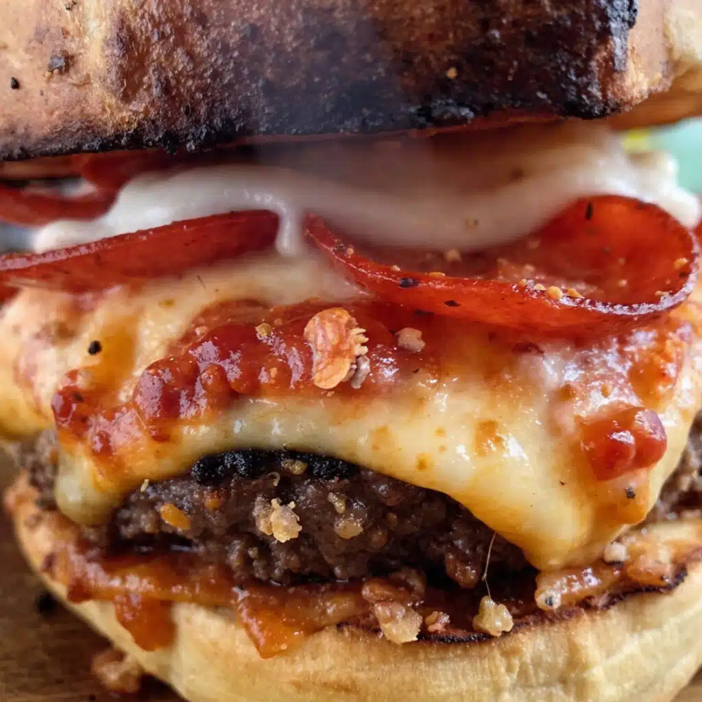 Juicy pizza burger on a toasted bun topped with melted mozzarella cheese, pepperoni slices, and pizza sauce