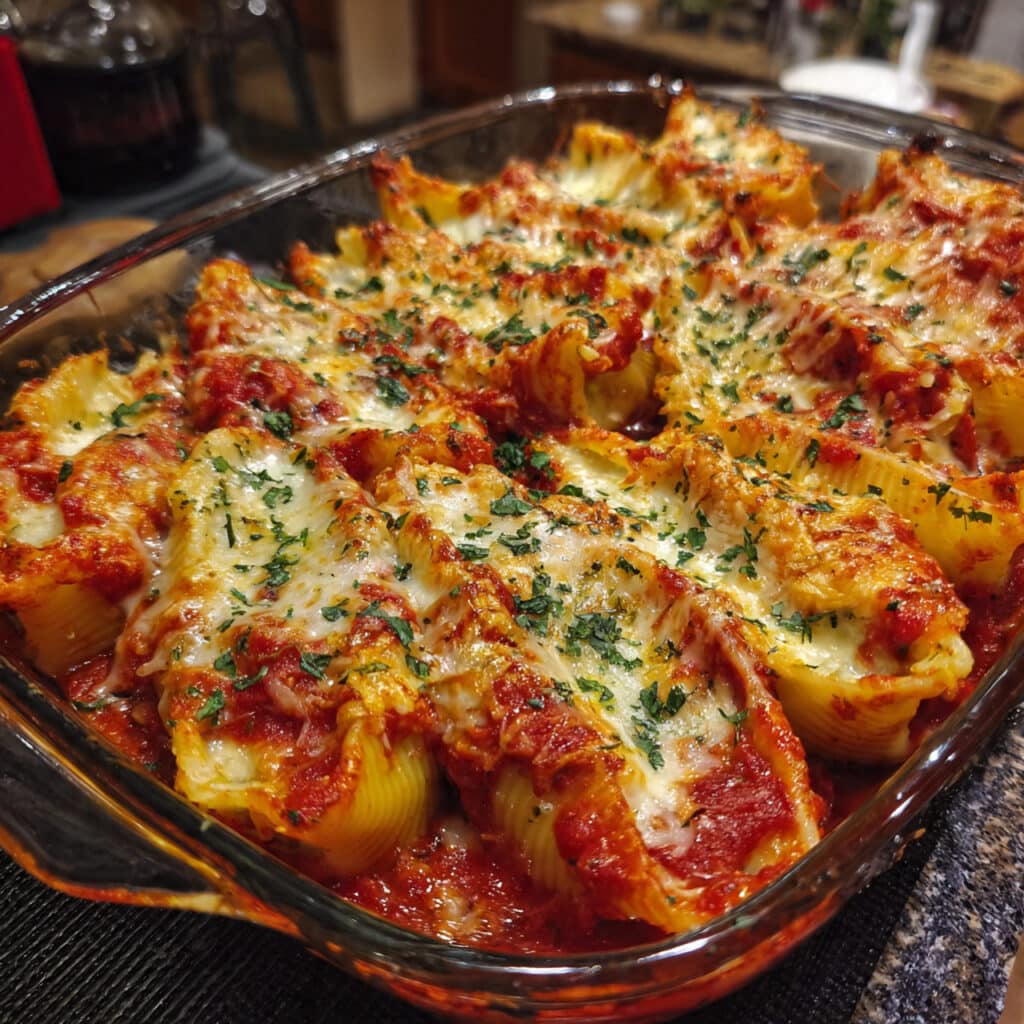Golden, bubbly stuffed shells fresh from the oven – comfort food at its finest!