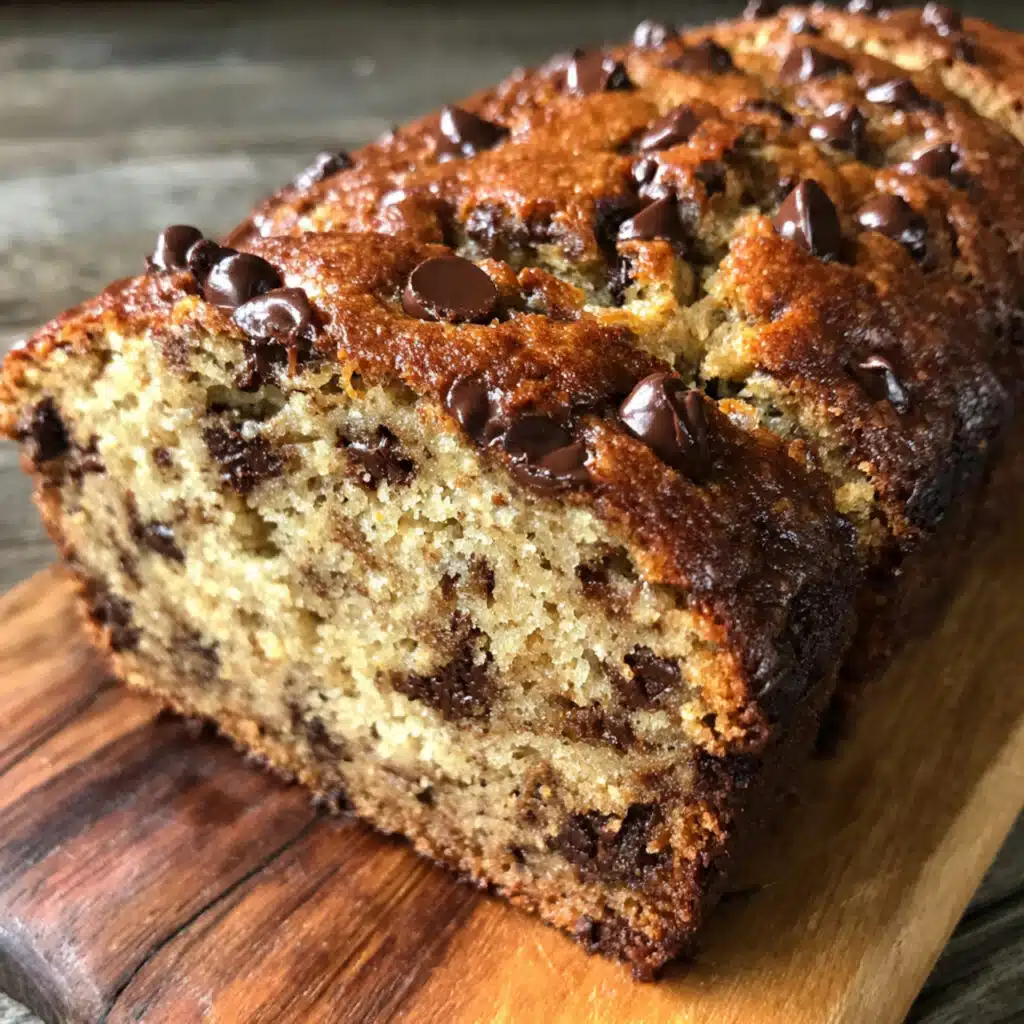 Slice of moist chocolate chip banana bread on a white plate showing melted chocolate chips and tender golden crumb