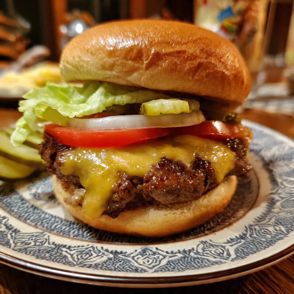 Juicy air fryer hamburgers with melted cheese on a toasted bun, topped with lettuce, tomato, pickles, and onion