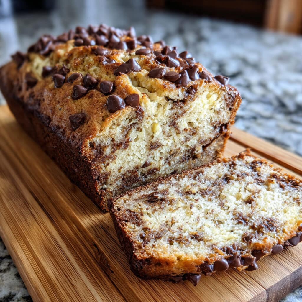 Slice of moist chocolate chip banana bread on a white plate showing melted chocolate chips and tender golden crumb