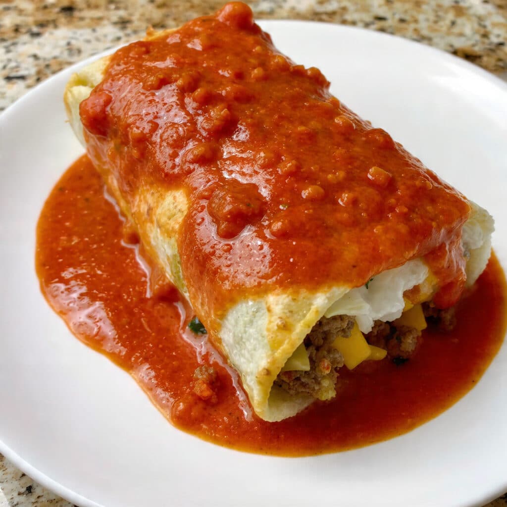 Golden baked wet burritos smothered in red sauce and melted cheese in a baking dish, topped with sour cream and fresh cilantro