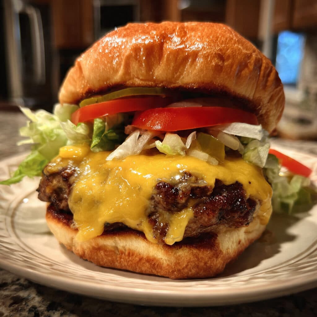 Juicy air fryer hamburgers with melted cheese on a toasted bun, topped with lettuce, tomato, pickles, and onion
