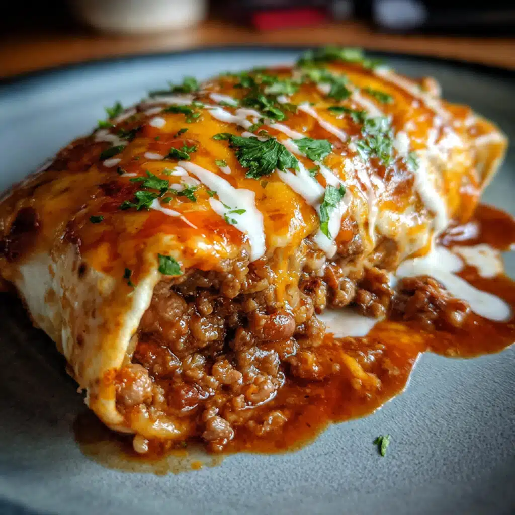 Golden baked wet burritos smothered in red sauce and melted cheese in a baking dish, topped with sour cream and fresh cilantro