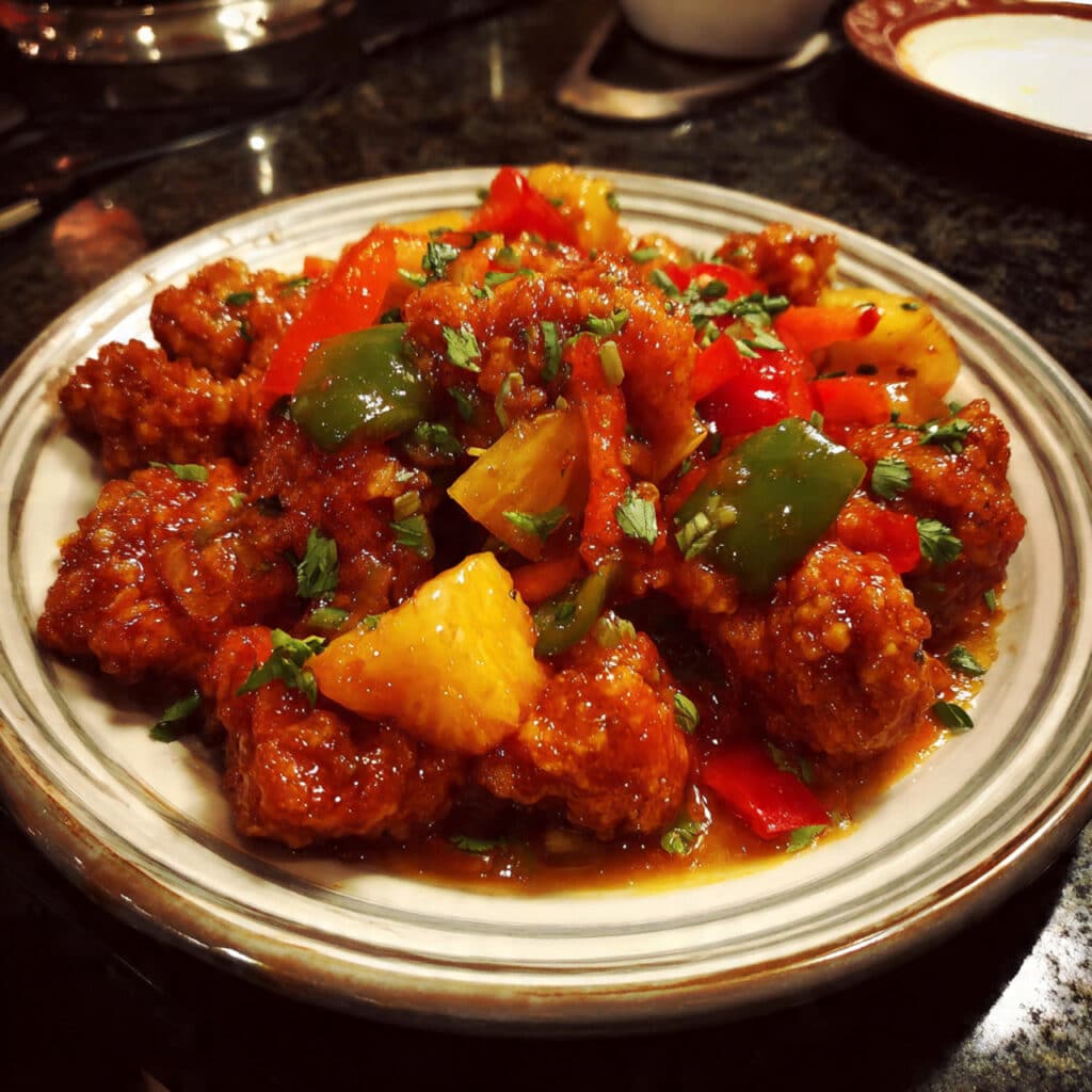 olden crispy sweet and sour chicken with red and yellow bell peppers and pineapple chunks in a glossy tangy-sweet sauce, served over white rice