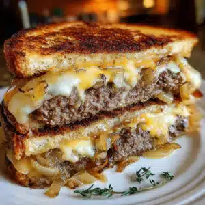 Golden brown grilled patty melt sandwich on rye bread with melted Swiss cheese and caramelized onions, cut in half to show juicy beef patty inside