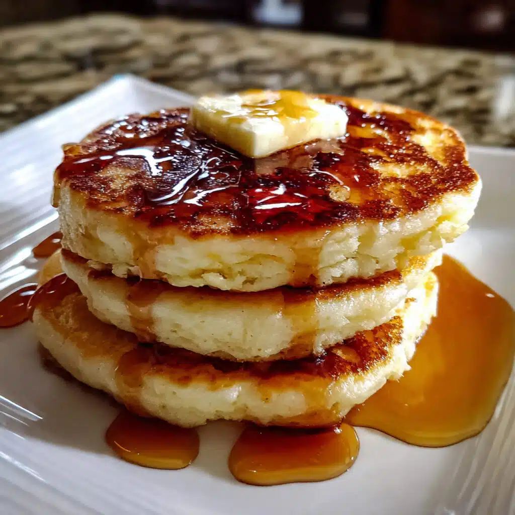 buttermilk pancakes on a white plate, topped with a pat of melting butter and drizzled with maple syrup, with fresh berries on the side