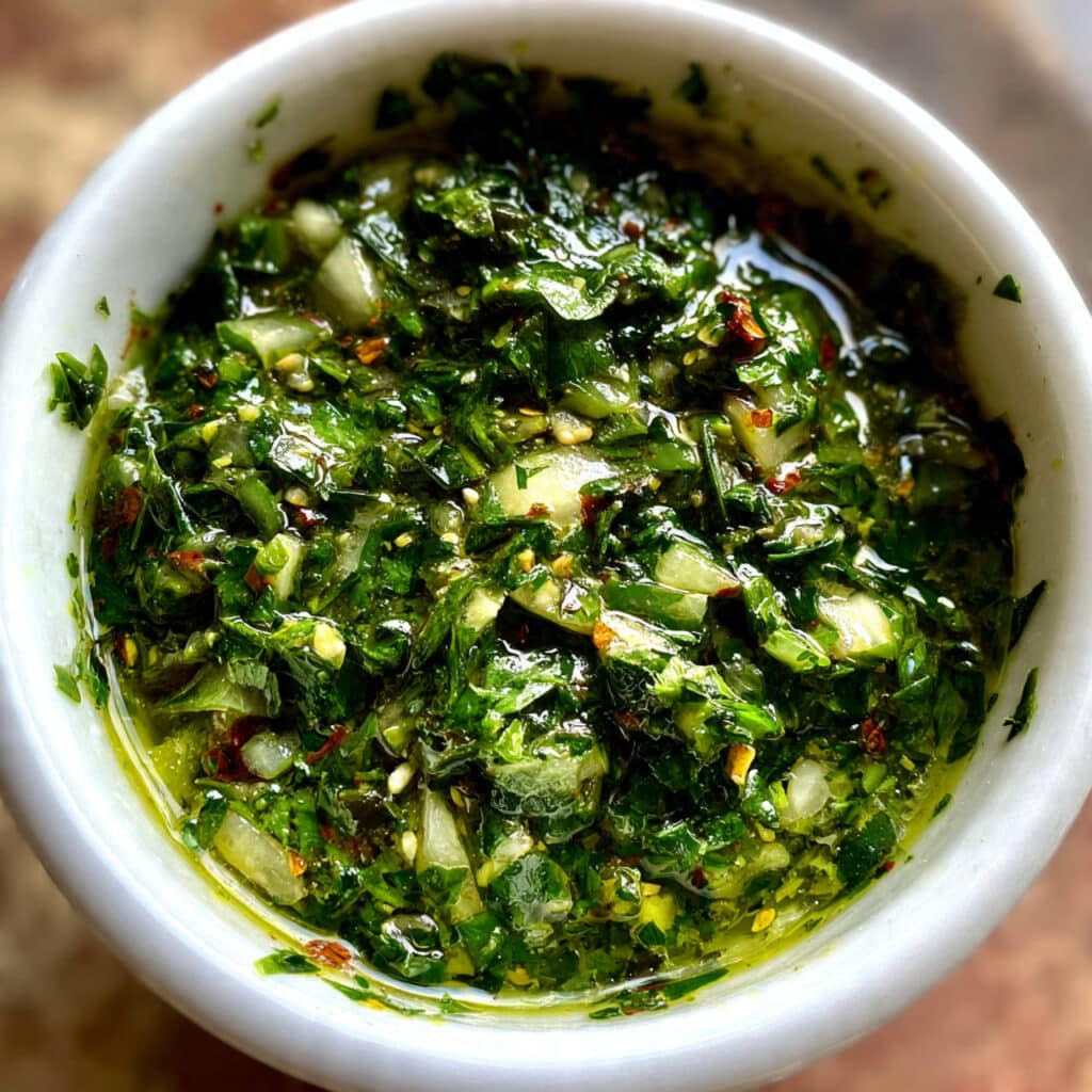 Bright green chimichurri sauce in a small glass bowl with a spoon, surrounded by fresh parsley, garlic cloves, and olive oil on a wooden table