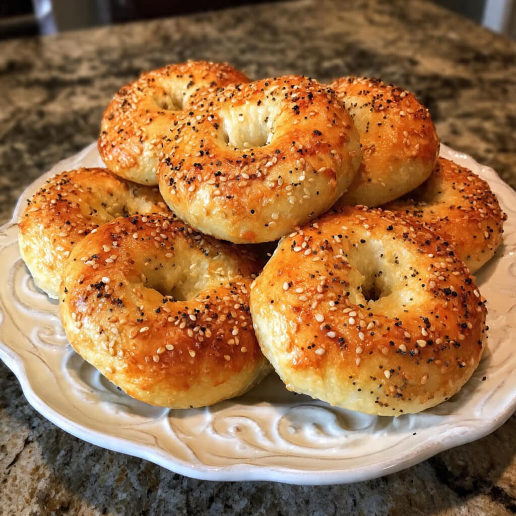 Golden brown homemade Greek yogurt bagels topped with everything bagel seasoning on a white plate with cream cheese on the side