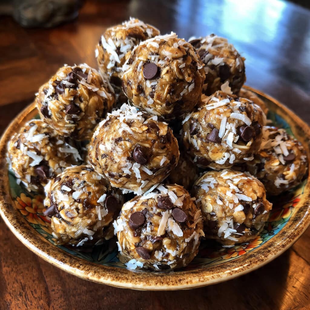 Easy no bake energy bites packed with oats, peanut butter, honey, and chocolate chips