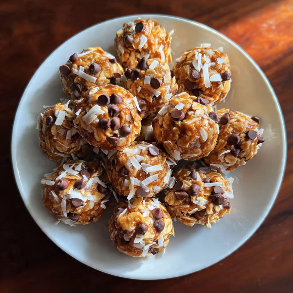 Easy no bake energy bites packed with oats, peanut butter, honey, and chocolate chips
