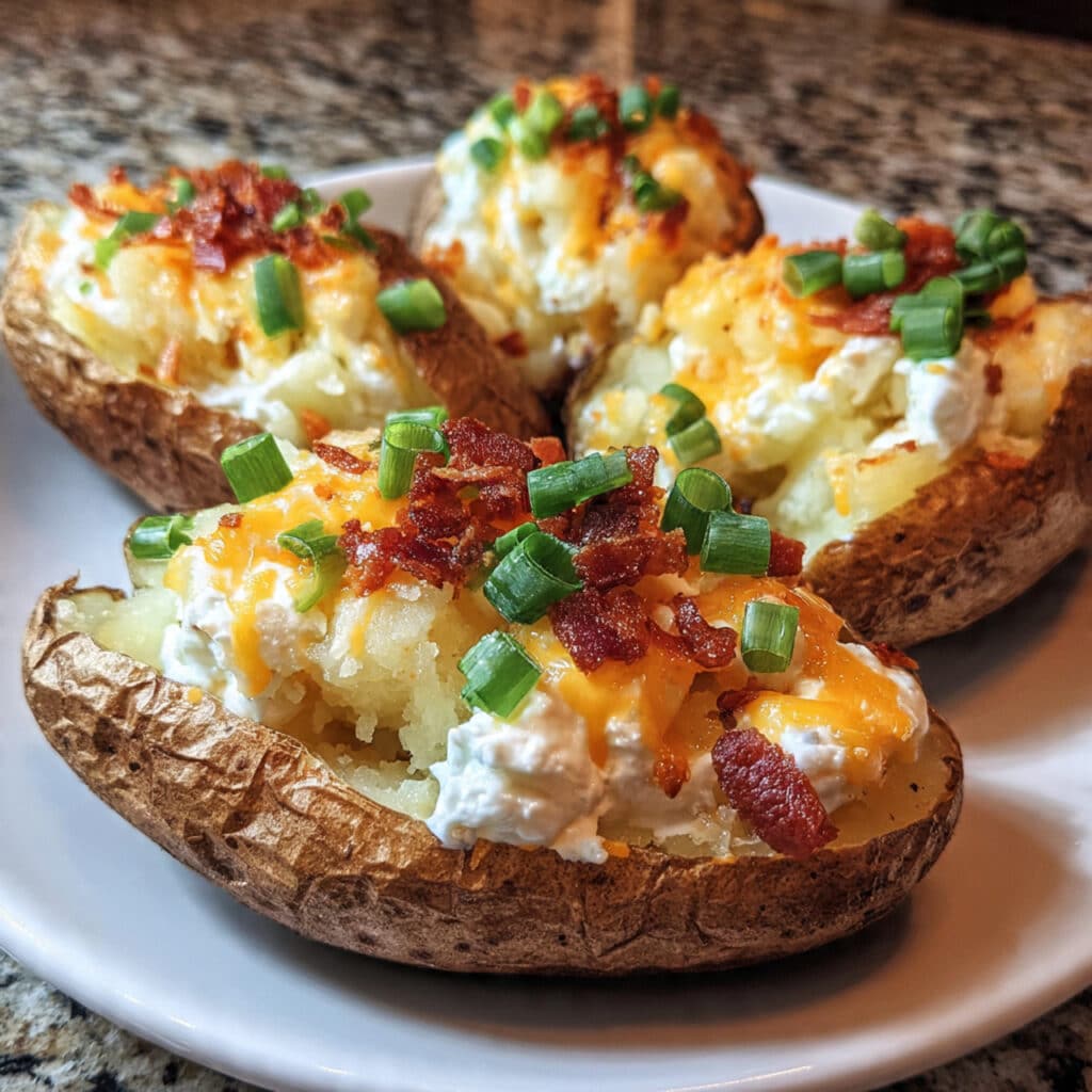 Golden twice baked potatoes topped with melted cheddar cheese, crispy bacon bits, and fresh green onions on a white plate