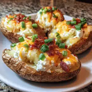 Golden twice baked potatoes topped with melted cheddar cheese, crispy bacon bits, and fresh green onions on a white plate