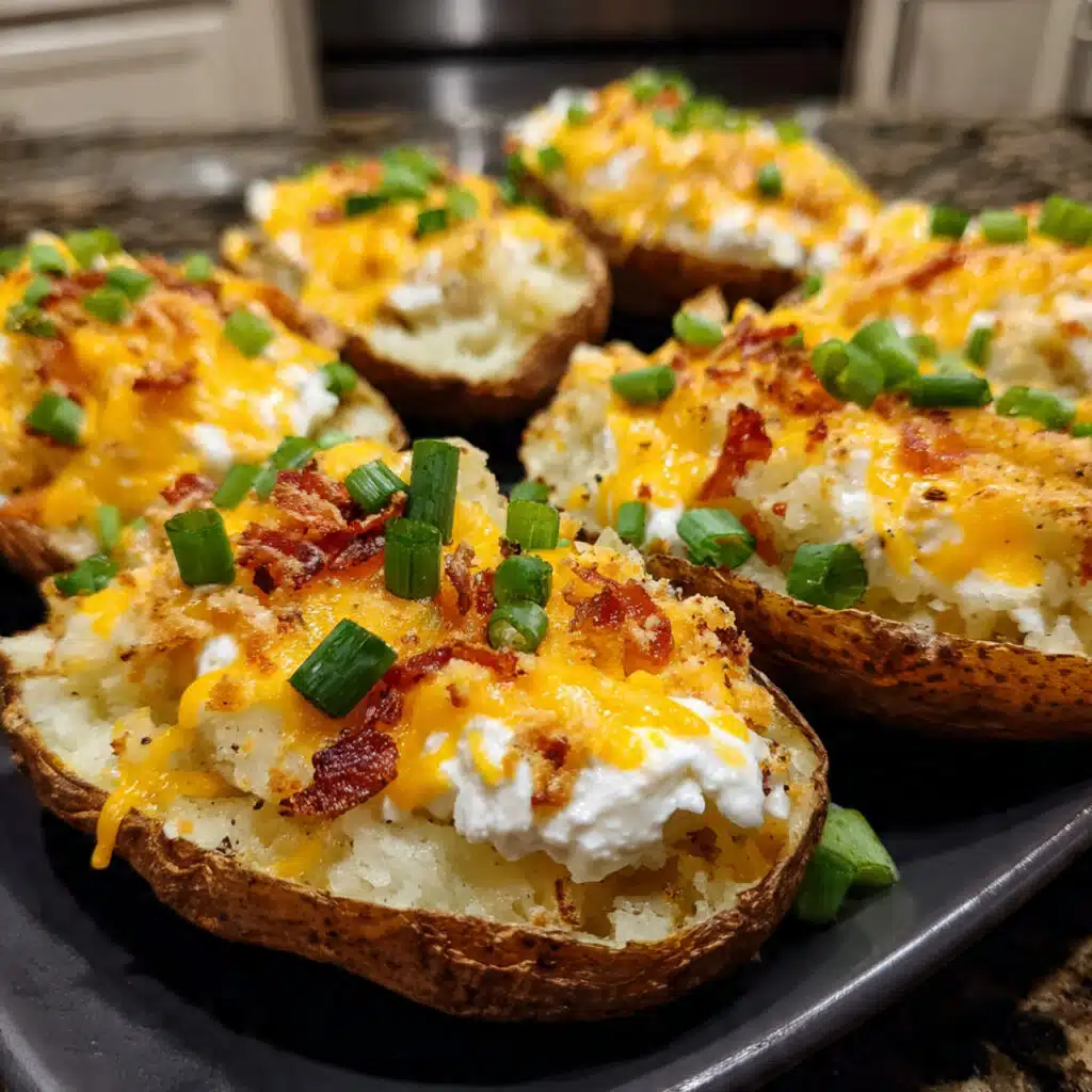 Golden twice baked potatoes topped with melted cheddar cheese, crispy bacon bits, and fresh green onions on a white plate