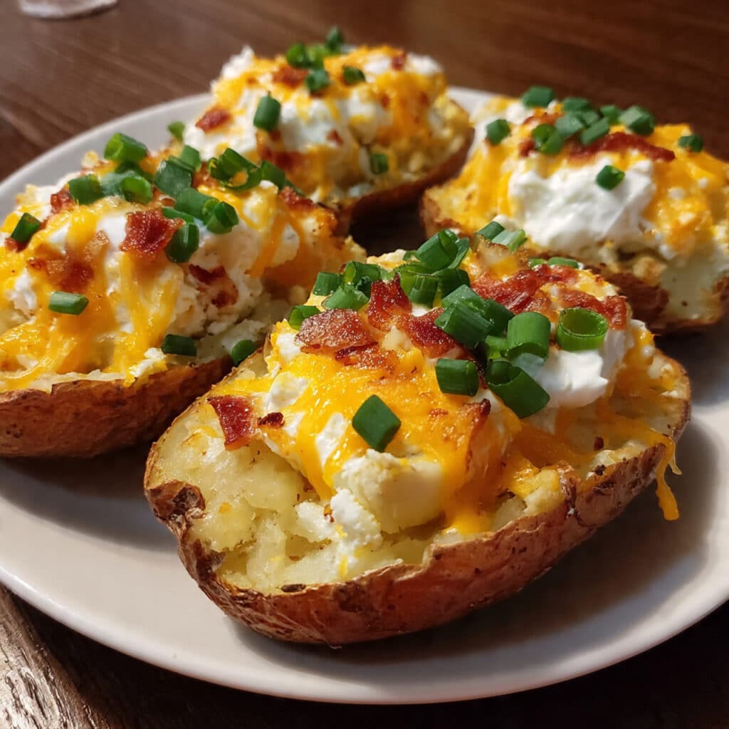 Golden twice baked potatoes topped with melted cheddar cheese, crispy bacon bits, and fresh green onions on a white plate